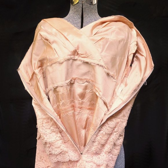 VTG 50's 60's Peach Diagonal Layered Lace & Satin Party Prom Sheath Dress MED - Picture 11 of 12